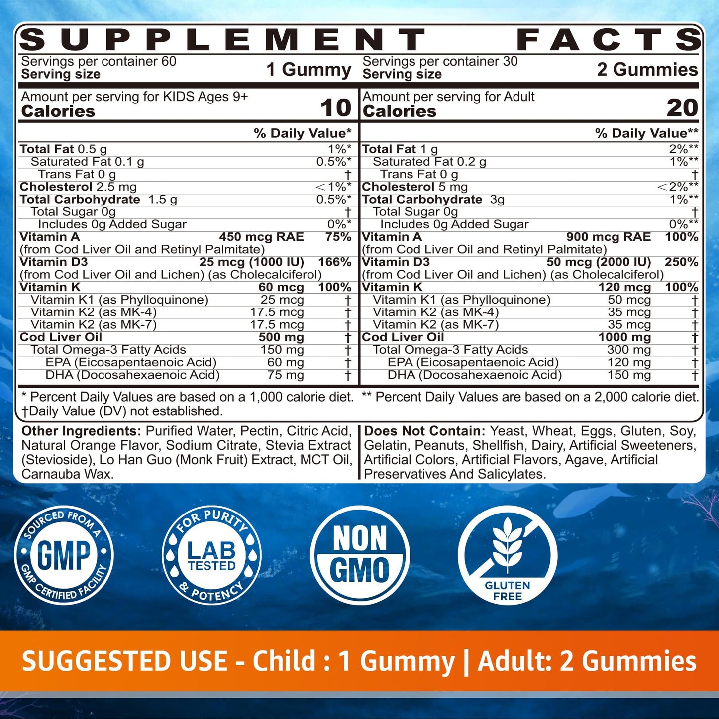 Cod Liver Oil Gummies 1000mg for Kids & Adults - w/Omega 3 (EPA & DHA), Vitamins A, D3 & K2 - Cod Liver Oil Omega 3 Gummies for Immune, Brain & Cognitive Support, SugarFree, Orange Flavor, 120Cts