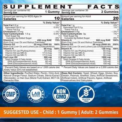Cod Liver Oil Gummies 1000mg for Kids & Adults - w/Omega 3 (EPA & DHA), Vitamins A, D3 & K2 - Cod Liver Oil Omega 3 Gummies for Immune, Brain & Cognitive Support, SugarFree, Orange Flavor, 120Cts