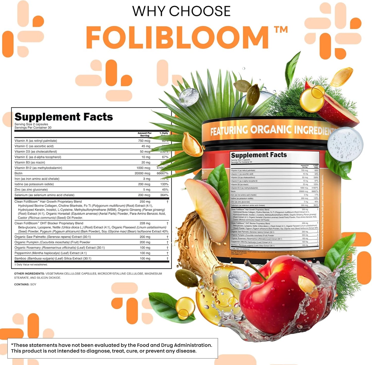 Clean Nutra Pumpkin Seed Oil Capsules + Saw Palmetto Biotin Collagen Keratin MSM Folate Hyaluronic Acid Supplements B12 Zinc Hair Supplement for Women Men Iodine 5-MTHF B-12 Vitamin B9-60 Pills