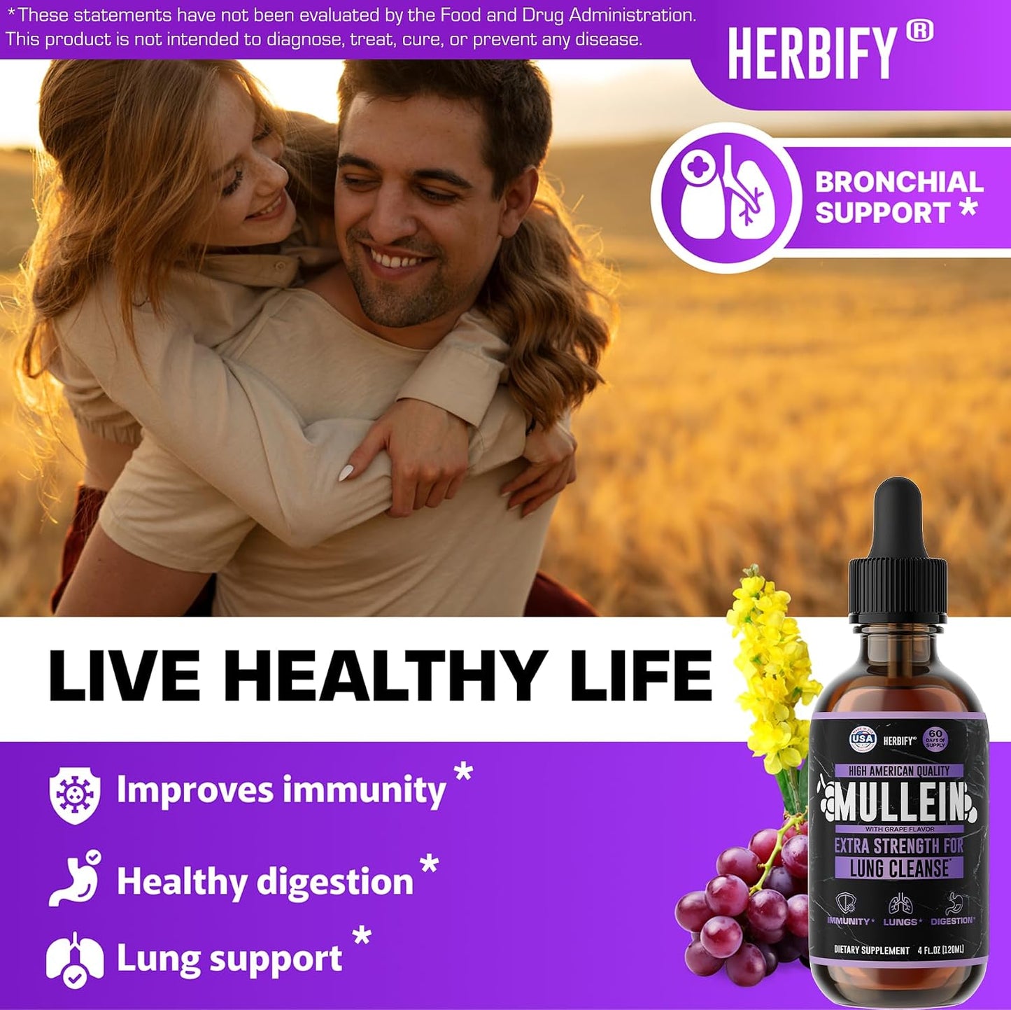 HERBIFY Bundle - Lions Mane & Mullein Grape 4 Fl Oz Drops - Supplement for Memory, Focus & Clarity & Immune Support, Lung Cleanse and Bronchial Support