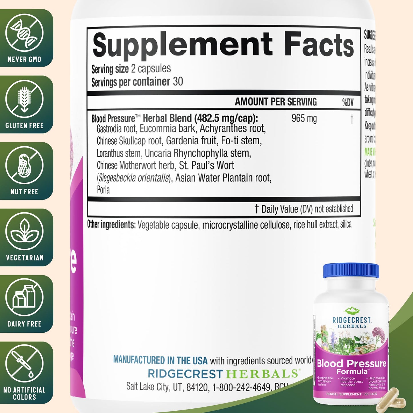 RidgeCrest Herbals Blood Pressure Herbal Formula Circulation Support 120 Ct | 60 Servings, 12 Herbs, Poria Mushroom, Gastrodia, Gardenia, Supports Vascular Wellness, Natural Herbal Blend for Adults