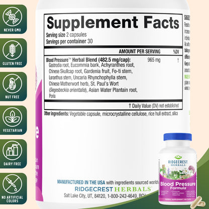 RidgeCrest Herbals Blood Pressure Herbal Formula Circulation Support 120 Ct | 60 Servings, 12 Herbs, Poria Mushroom, Gastrodia, Gardenia, Supports Vascular Wellness, Natural Herbal Blend for Adults