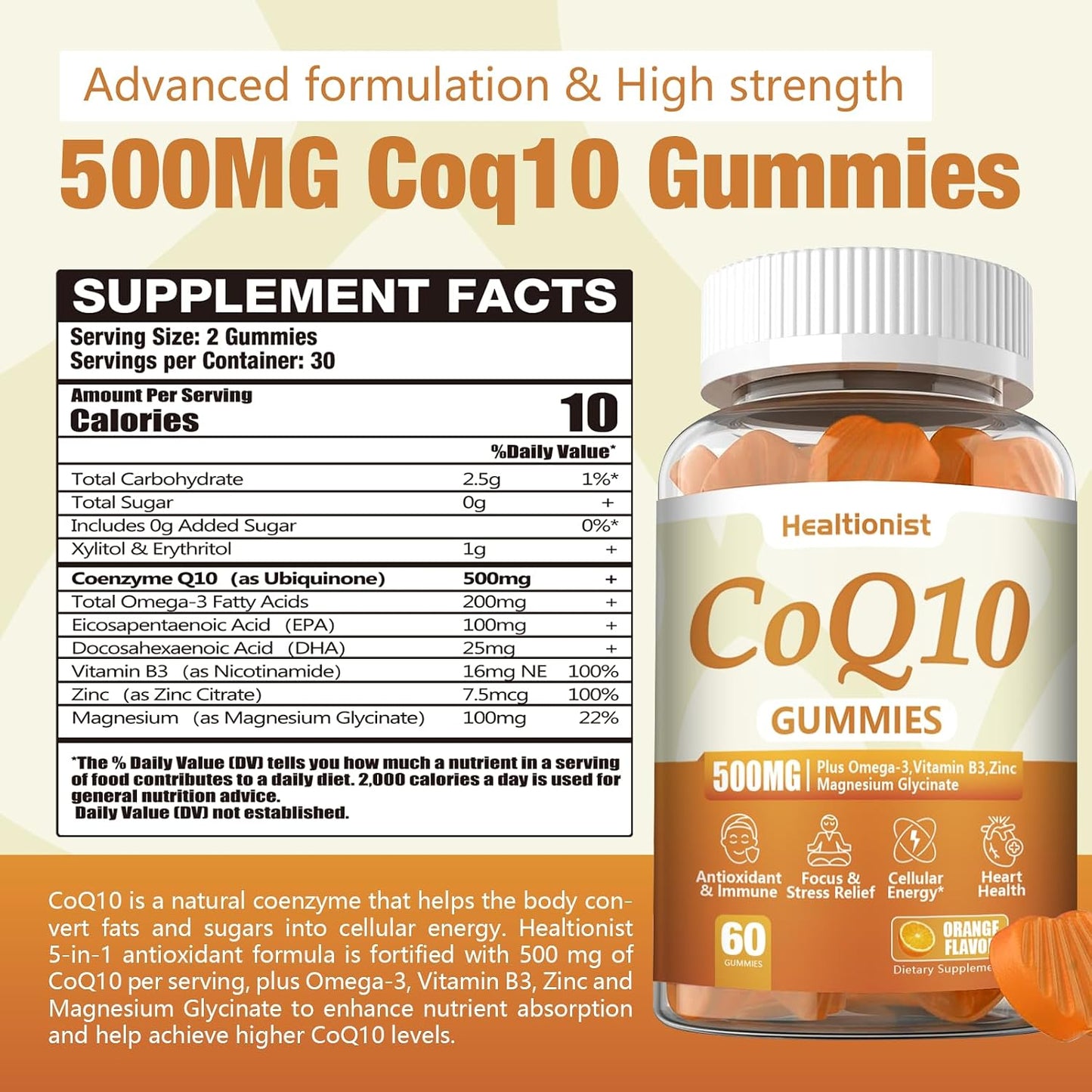 2 Pack 500MG Coq10 Gummies - 3X Better Absorption, Plus Omega-3, Magnesium, Vitamin B3 & Zinc - Coenzyme Q10 Supplements for Heart Health, Cellular Energy & Antioxidant, Vegan, 120 Counts