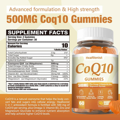2 Pack 500MG Coq10 Gummies - 3X Better Absorption, Plus Omega-3, Magnesium, Vitamin B3 & Zinc - Coenzyme Q10 Supplements for Heart Health, Cellular Energy & Antioxidant, Vegan, 120 Counts