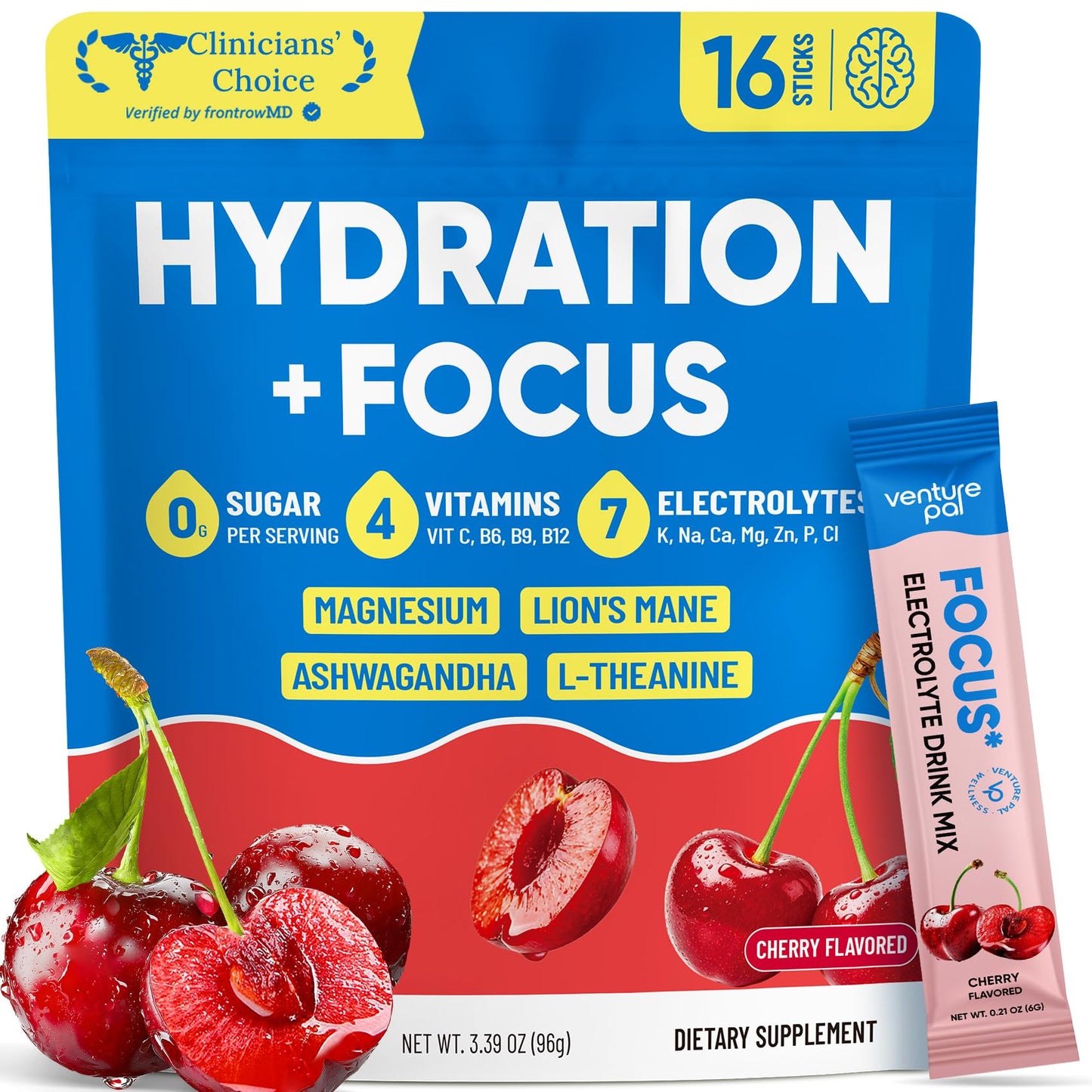Venture Pal Sugar Free Hydration + Focus Electrolyte Packets, 16 Sticks | 7 Electrolytes + Vitamins, Magnesium, Lion's Mane & Ashwagandha, Boost Clarity & Energy, Electrolytes Powder, Vegan, Keto