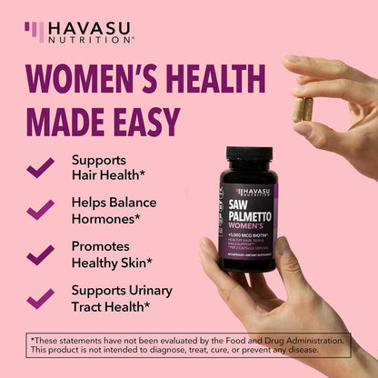 Saw Palmetto for Women with Bitoin 5000mcg Per Serving, 30-Day Supply | Vegan, Non-GMO DHT Blocker for Women for Hair, Skin and Nails, Saw Palmetto Extract with Biotin for Thicker Looking Hair