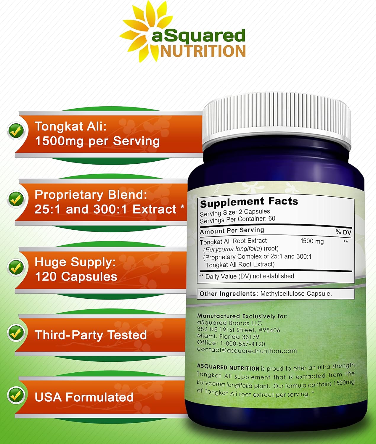 aSquared Nutrition Tongkat Ali 1500mg - 120 Capsules - Longjack (Eurycoma Longifolia) Extract Supplement & Long Jack Root Powder Pills - Tongkat Ali for Men & Women