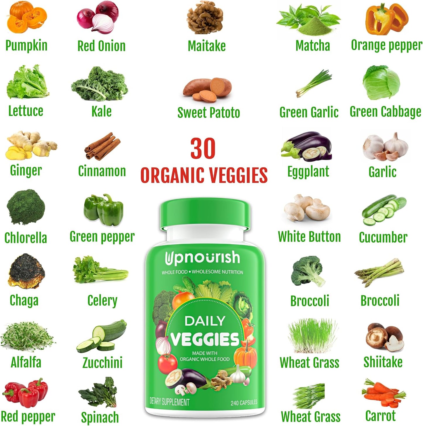 UpNourish Organic Fruits and Veggies Supplement - Support Diet Balance, Body Cleanse & Energy - 480 Fruits and Super Greens Capsules from Nature - Fruit and Vegetable Supplements for Adults & Kids
