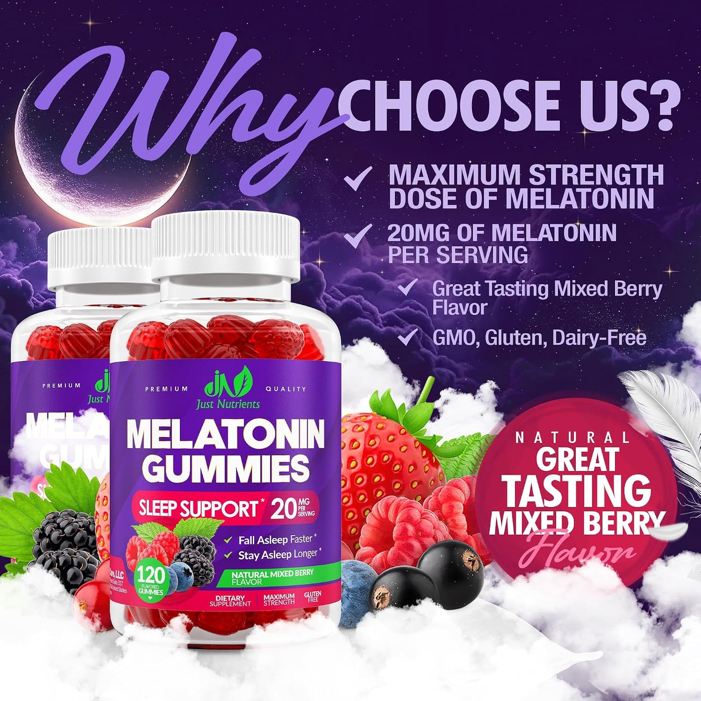 Melatonin 20mg Gummies (120 Count) - Maximum Strength Sleep Support for Adults with 10mg of Melatonin Per Gummy - Gluten-Free, Vegetarian, Great Tasting Mixed Berry Flavor - 60 Servings