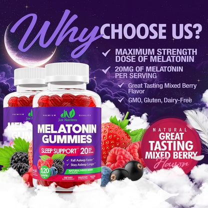 Melatonin 20mg Gummies (120 Count) - Maximum Strength Sleep Support for Adults with 10mg of Melatonin Per Gummy - Gluten-Free, Vegetarian, Great Tasting Mixed Berry Flavor - 60 Servings