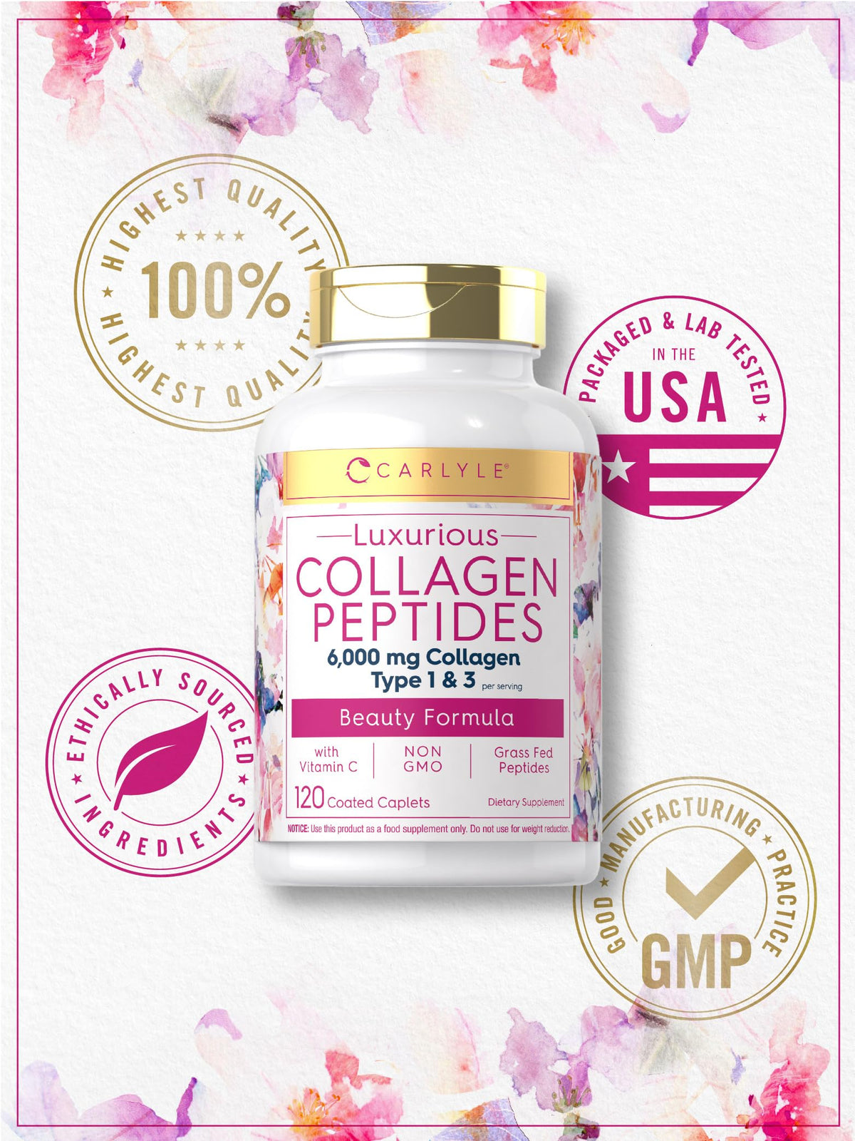 Carlyle Collagen with Vitamin C | 6000mg | 120 Caplets | Multi Collagen Peptide Pills