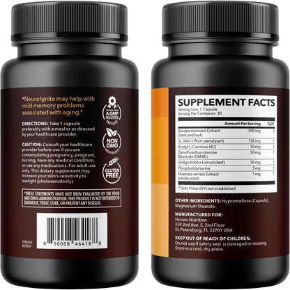 NeuroIGNITE Nootropic Brain Supplement for Memory and Focus, 30 Count | Vegan, Non-GMO Nootropic with Bacopa, Ginkgo Biloba, St. John's Wort for Cognitive Health and Mental Clarity, 30 Servings