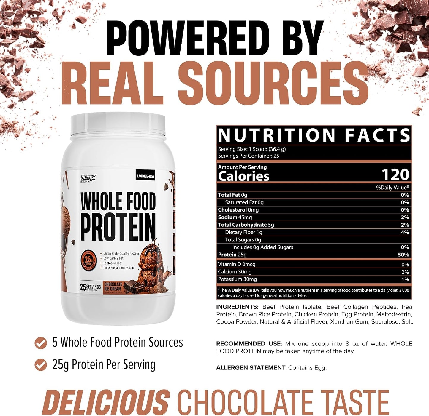 Whole Food Protein Powder - 25g Protein per Scoop, Lactose Free Protein with Beef Isolate, Collagen, Pea, Brown Rice, Chicken & Egg Protein, 0G Sugar, Keto Friendly, Chocolate Ice Cream 25 Serv