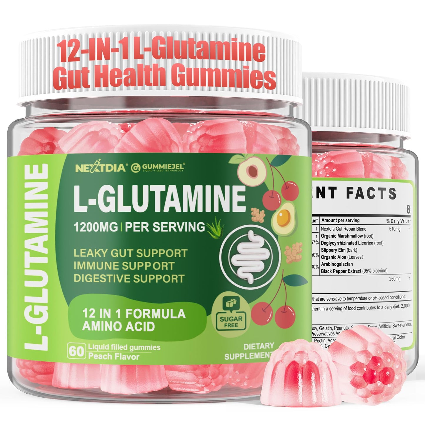 Nextdia L-Glutamine 1200mg Gummies, GLP-1 Friendly, for Gut & Immune Support, Leaky Gut Repair with Akk Probiotic, Slippery Elm, Marshmallow Root, Ginger, Aloe, Vitamin C D3, Zinc, Sugar-Free, 60 Cts