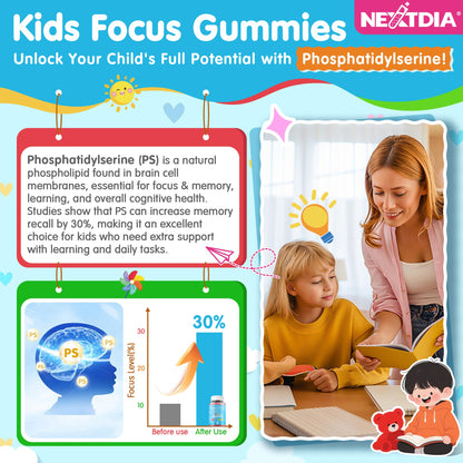 Phosphatidylserine Supplement 100mg, Focus Gummies for Kids Teens + Vitamin C & D3 400IU, Sugar Free Kids Brain Gummies Increase Attention & Concentration, Chewable, Vegan, Gluten Free, Non-GMO 2 Pack