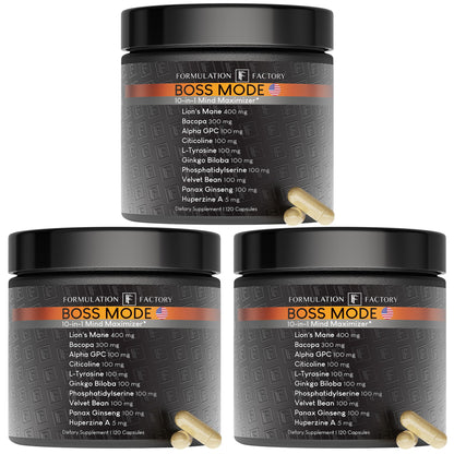 Formulation Factory BOSS Mode 10-in-1 Nootropic Complex with Lion's Mane, Alpha-GPC, Bacopa Monnieri, Ginkgo Biloba, Rhodiola & L-Tyrosine - 120 Capsules