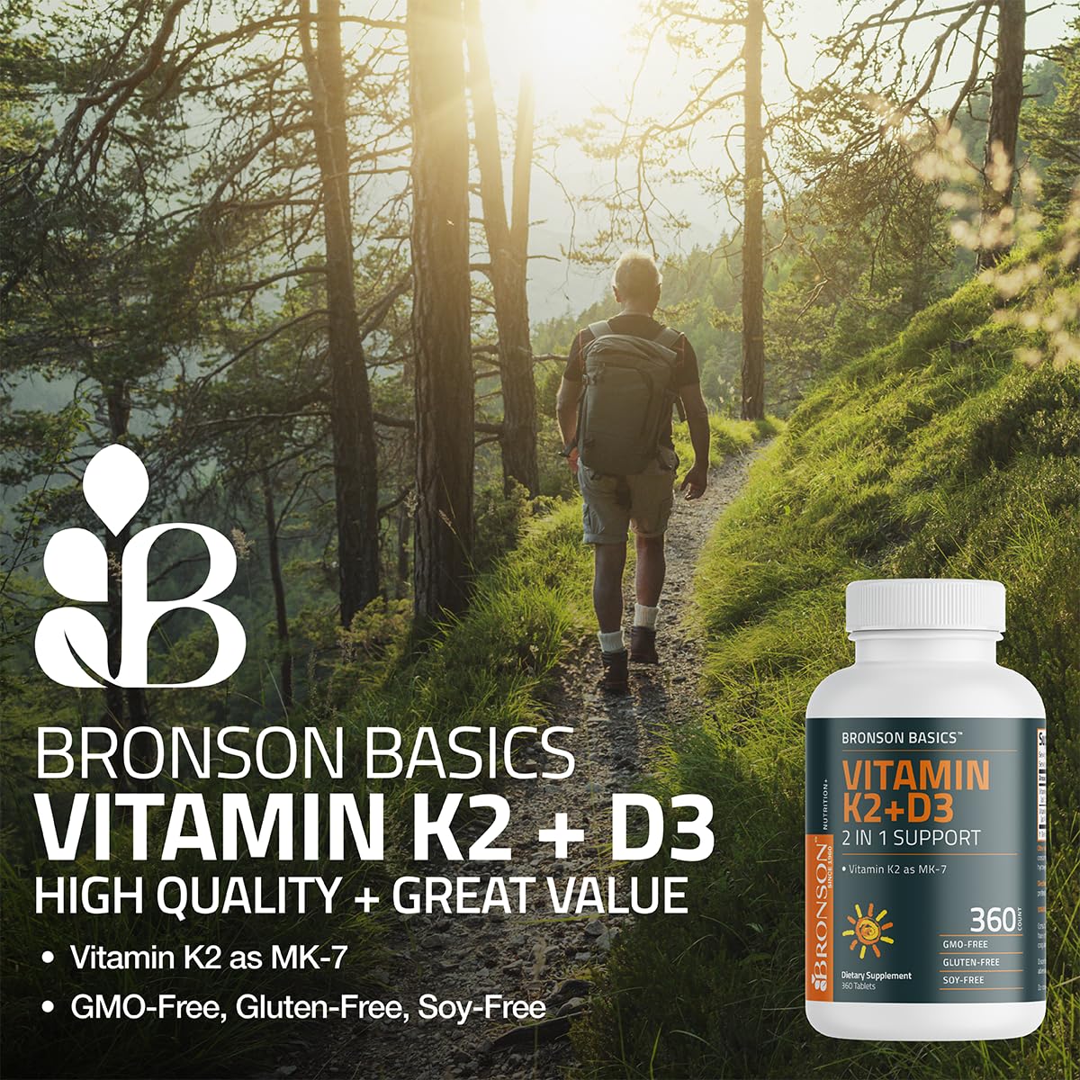Bronson Vitamin K2 D3 (MK7) Supplement 2-in-1 D3 & K2 Complex, 120 Tablets | Bone, Immune & Heart Health Support, Gluten-Free, Soy-Free, Non-GMO, Vitamin D3 5000 IU (125 mcg) & 90 mcg K2 MK-7