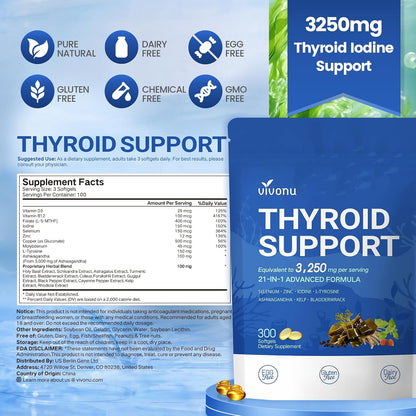 VivoNu Thyroid Support Supplement with Iodine, B12,Folate, Zinc, Selenium, Ashwagandha, Non-GMO, Vegetarian, 100 Day Supply