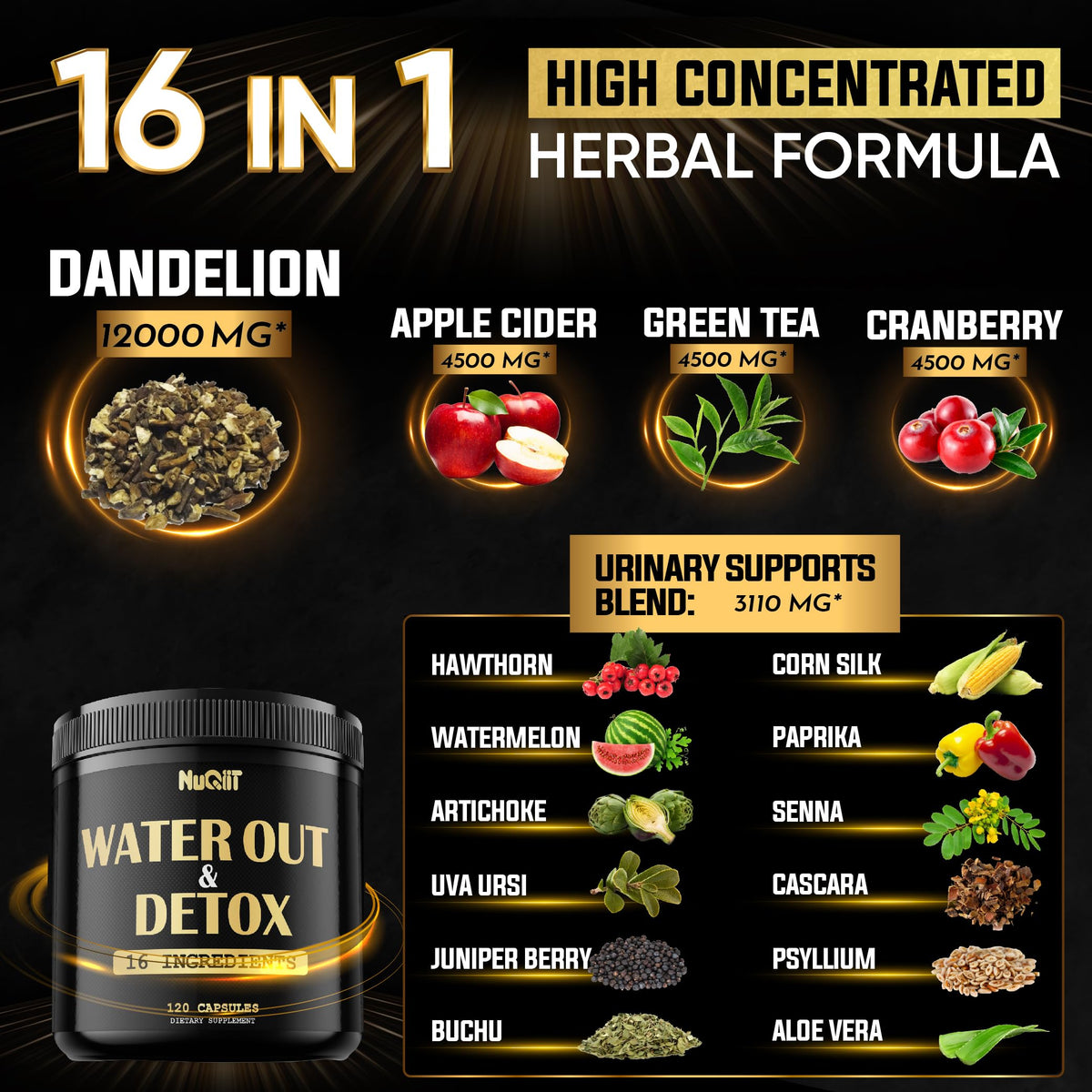 Nuqiit Water Out Supplement with Dandelion Root 12000mg Apple Cider Vinegar 4500mg & More