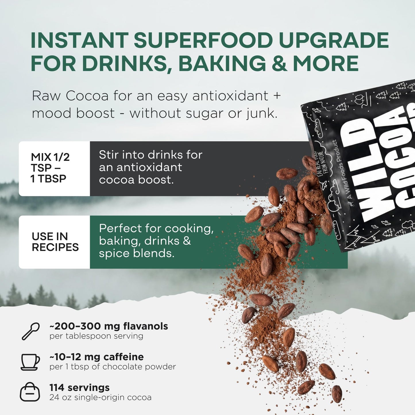Wild Foods Organic Cocoa Powder Unsweetened for Baking & Cooking, Raw Cacao Powder, Organic Single-Origin Non-Dutched Dark Cocoa, 100% Pure, Non-GMO, Vegan Keto Superfood, Purity Tested, 12 oz