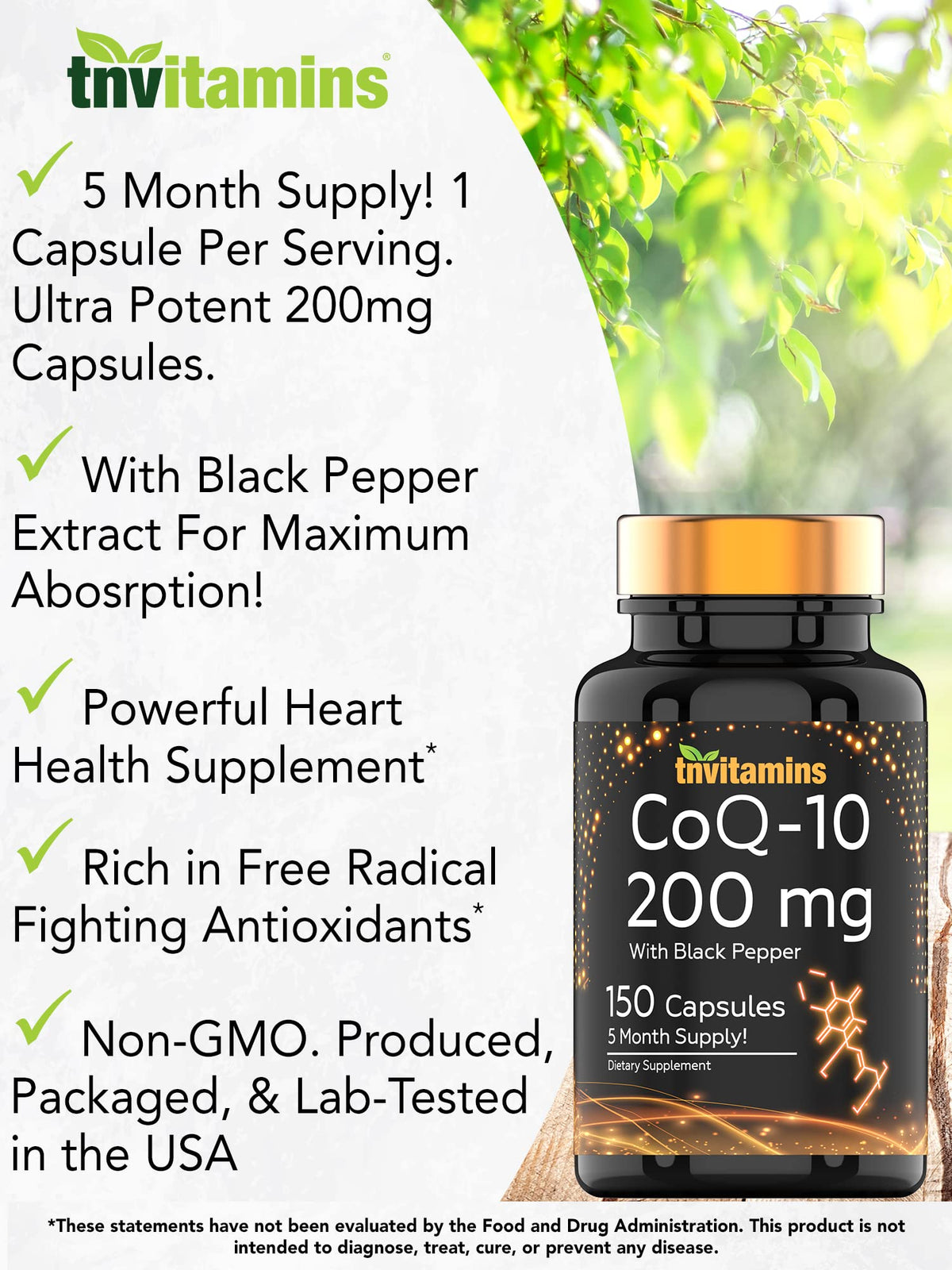 tnvitamins Ultra Potent CoQ-10 200 MG - 150 Capsules with Black Pepper Extract