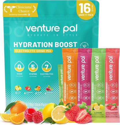 Venture Pal Sugar Free Electrolyte Powder, Liquid Daily IV Hydration Packet | 7 Electrolytes & 5 Vitamins, Electrolytes Dink Mix for Party Recovery & Instantly Hydration, Vegan, Keto-Friendly, 16 Sticks