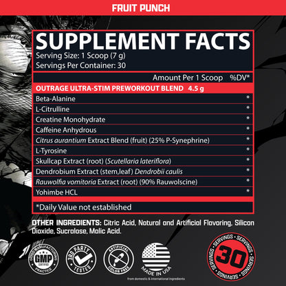 Outrage Ultra HIGH STIM Pre-Workout Powder for Men | 400mg Caffeine, L-Citrulline, Beta-Alanine, Creatine | Extreme Energy, Focus, Strength & Endurance (30 Servings, Strawberry Watermelon)