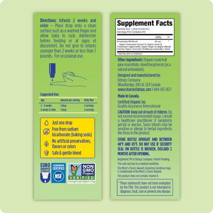 Ddrops Baby Tummy Relief Liquid Drops, Organic Gripe Water for Newborns, Relief from Gas, Colic, Fussiness and Hiccups, Just One Drop, Herbal Ingredients, 120 Drops