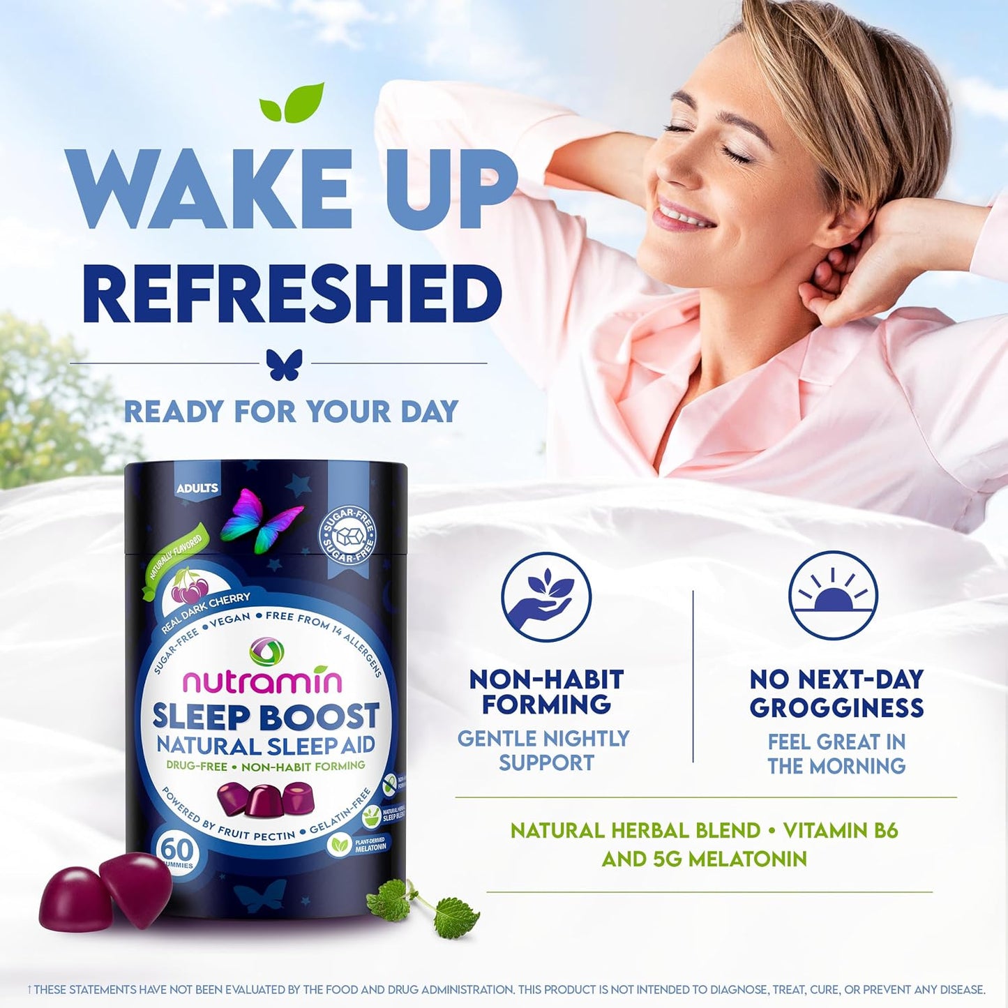 NUTRAMIN Sleep Boost - Dual Sleep Formula Melatonin + Herbal Blend - Sugar-Free, Vegan, Apple Pectin, Dark Cherry 60 ct