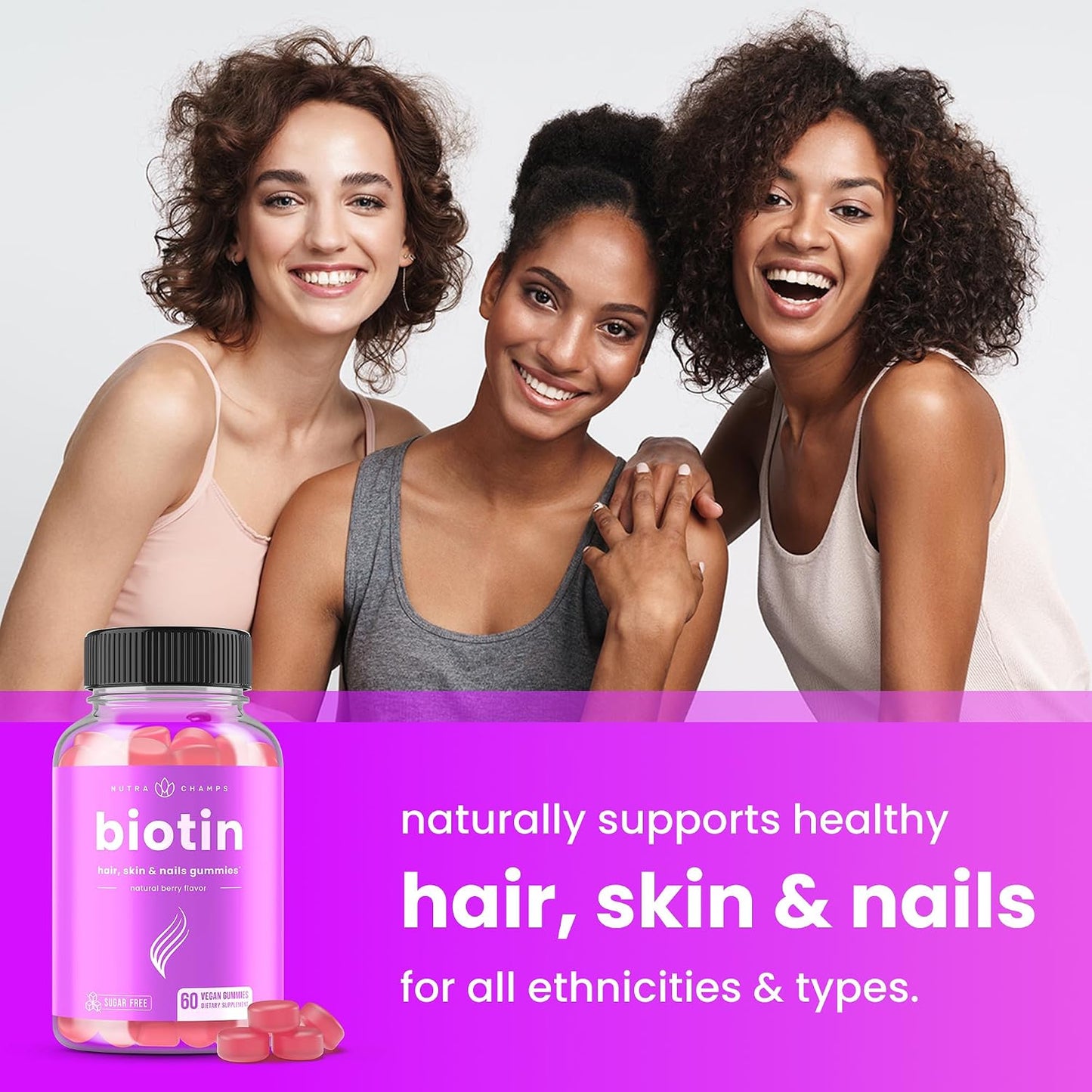 NutraChamps Sugar Free Biotin Gummies 10000mcg [High Potency] - Healthy Hair, Skin & Nails for Women, Men & Kids - 5000mcg in Each Gummy - Vegan, Non-GMO, Hair Health Vitamins Supplement - Raspberry