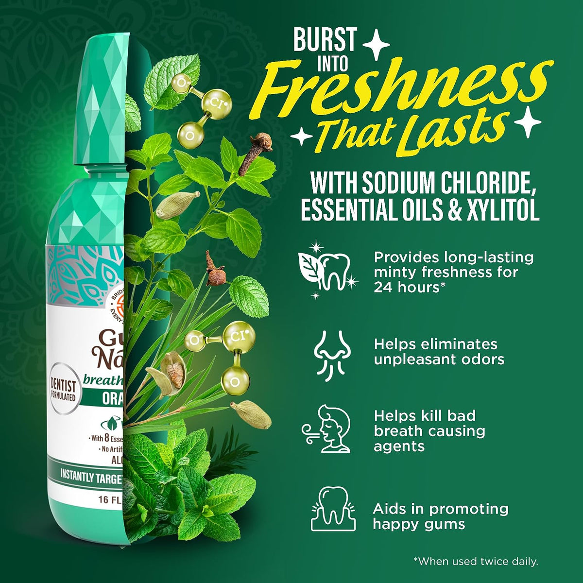 GuruNanda Fresh Breath Mouthwash – 12-Hour Fresh Breath & Helps Fight Bad Breath – ADA Accepted, Alcohol & Fluoride-Free Oral Rinse, Wild Mint - 16 oz, Pack of 2