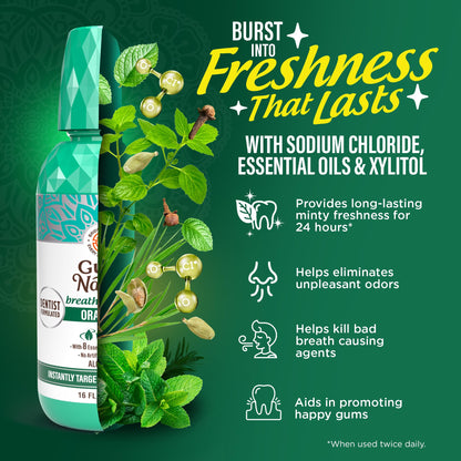 GuruNanda Fresh Breath Mouthwash – 12-Hour Fresh Breath & Helps Fight Bad Breath – ADA Accepted, Alcohol & Fluoride-Free Oral Rinse, Wild Mint - 16 oz, Pack of 2