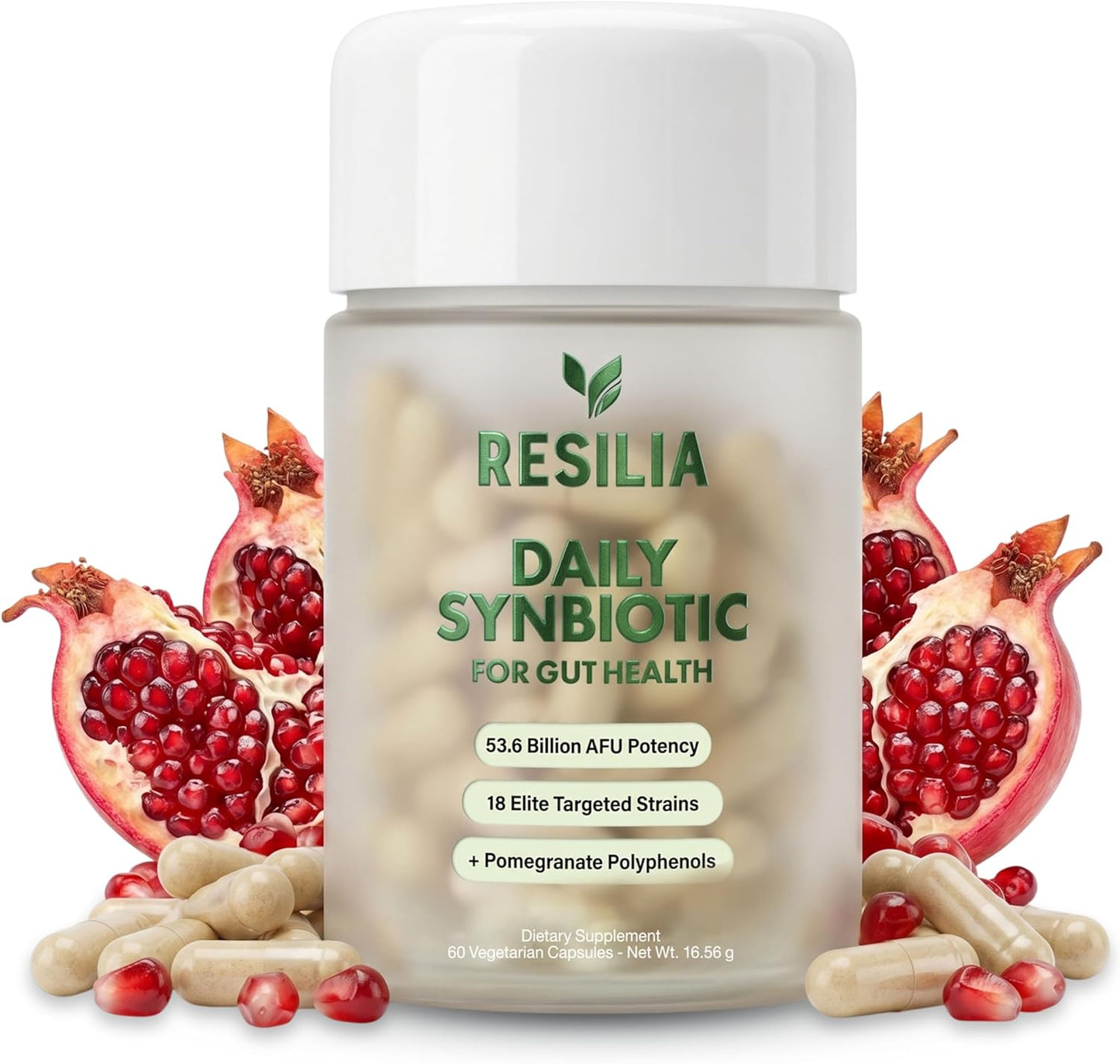 Resilia Synbiotic Probiotic + Prebiotic Supplement for Women & Men – 53.6 Billion AFU, 18 Strains, Shelf-Stable Capsules with Polyphenols, Digestive & Gut Balance Support, 60 Capsules