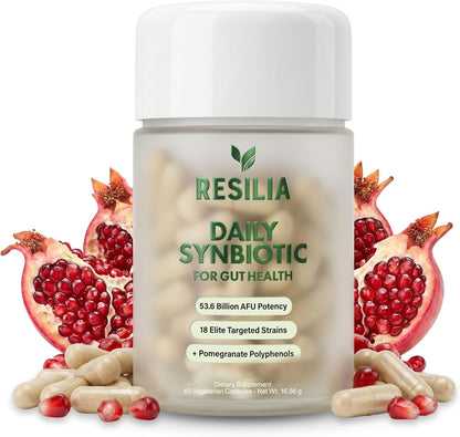 Resilia Synbiotic Probiotic + Prebiotic Supplement for Women & Men – 53.6 Billion AFU, 18 Strains, Shelf-Stable Capsules with Polyphenols, Digestive & Gut Balance Support, 60 Capsules