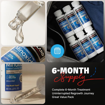 Kirkland Minoxidil for Men Liquid, Extra Strength Hair Regrowth Treatment 5%, 6 Months Supply - Upgraded Dropper Applicator and Bonus Free Guide Included