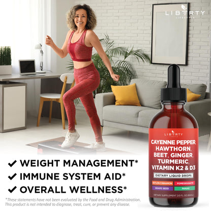 Cayenne Pepper Supplement Liquid Drops + Hawthorn Berry, Vitamin D3 K2 Beet Root Powder, Ceylon Cinnamon, Turmeric Curcumin, Organic Panax Ginseng - 4oz