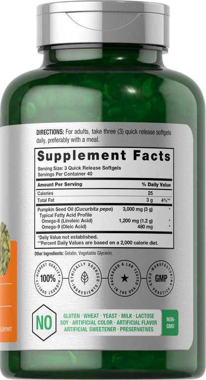 Horbäach Pumpkin Seed Oil 3000mg | 120 Softgel Capsules | Essential Fatty Acids with Omega 6 and 9 | Cold Pressed Dietary Supplement | Non-GMO and Gluten Free Formula