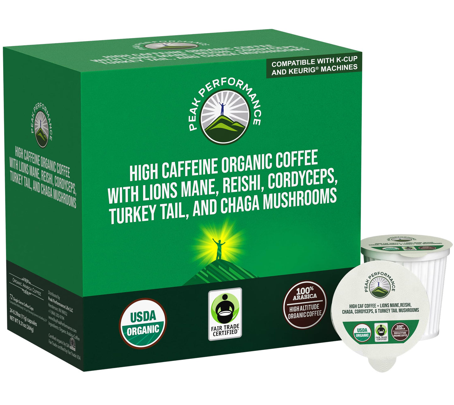 Organic Mushroom Coffee Pods with Lion's Mane, Reishi, Cordyceps, Turkey Tail, and Chaga Mushrooms. High Altitude, Low Acid, Smooth Tasting, Fair Trade, Instant Nootropic Coffee (Medium Roast Ground)