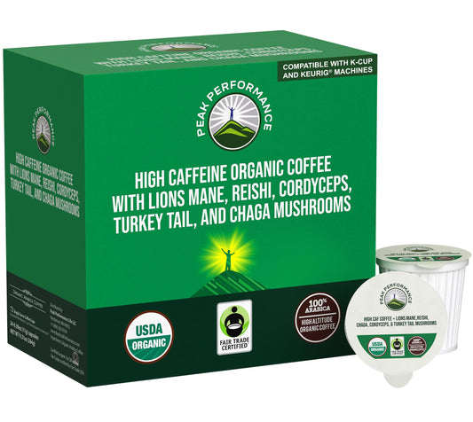 Organic Mushroom Coffee Pods with Lion's Mane, Reishi, Cordyceps, Turkey Tail, and Chaga Mushrooms. High Altitude, Low Acid, Smooth Tasting, Fair Trade, Instant Nootropic Coffee (Medium Roast Ground)