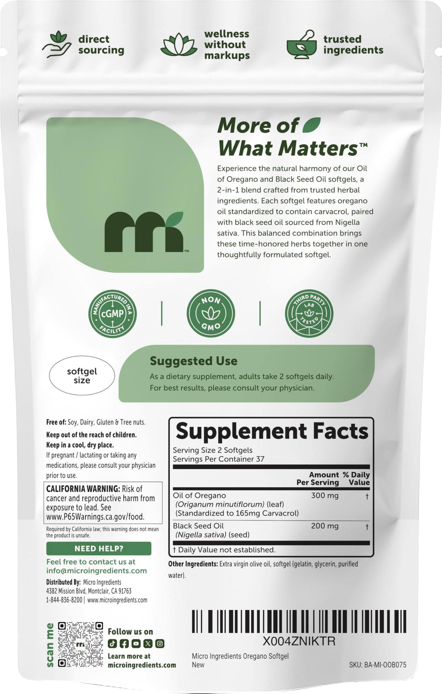 Micro Ingredients Oil of Oregano Softgels, 300 Count | 2 in 1 Formulated with Black Seed Oil | 4X Strength Carvacrol & Thymoquinone | Plant Based, Non-GMO