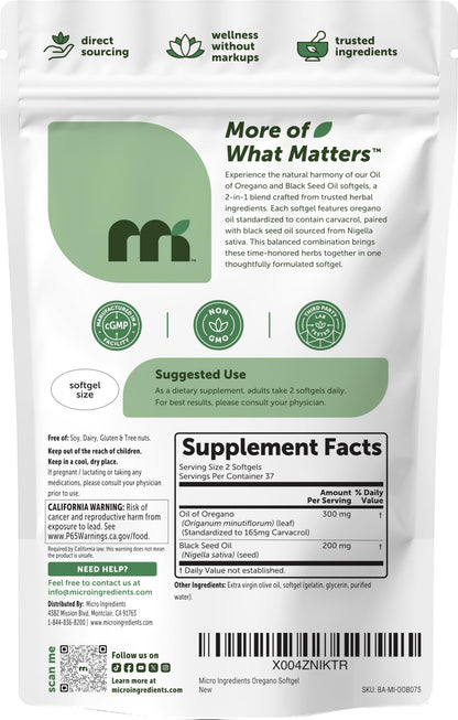 Micro Ingredients Oil of Oregano Softgels, 300 Count | 2 in 1 Formulated with Black Seed Oil | 4X Strength Carvacrol & Thymoquinone | Plant Based, Non-GMO