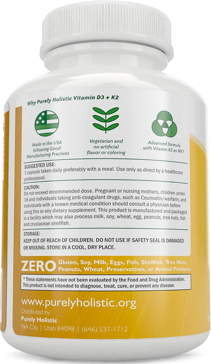 Purely Holistic Magnesium Malate 400mg + Vitamin D3 125mcg K2 MK7 90mcg - 270 Tablets & 150 Capsules - Vegetarian Bundle - Made in USA