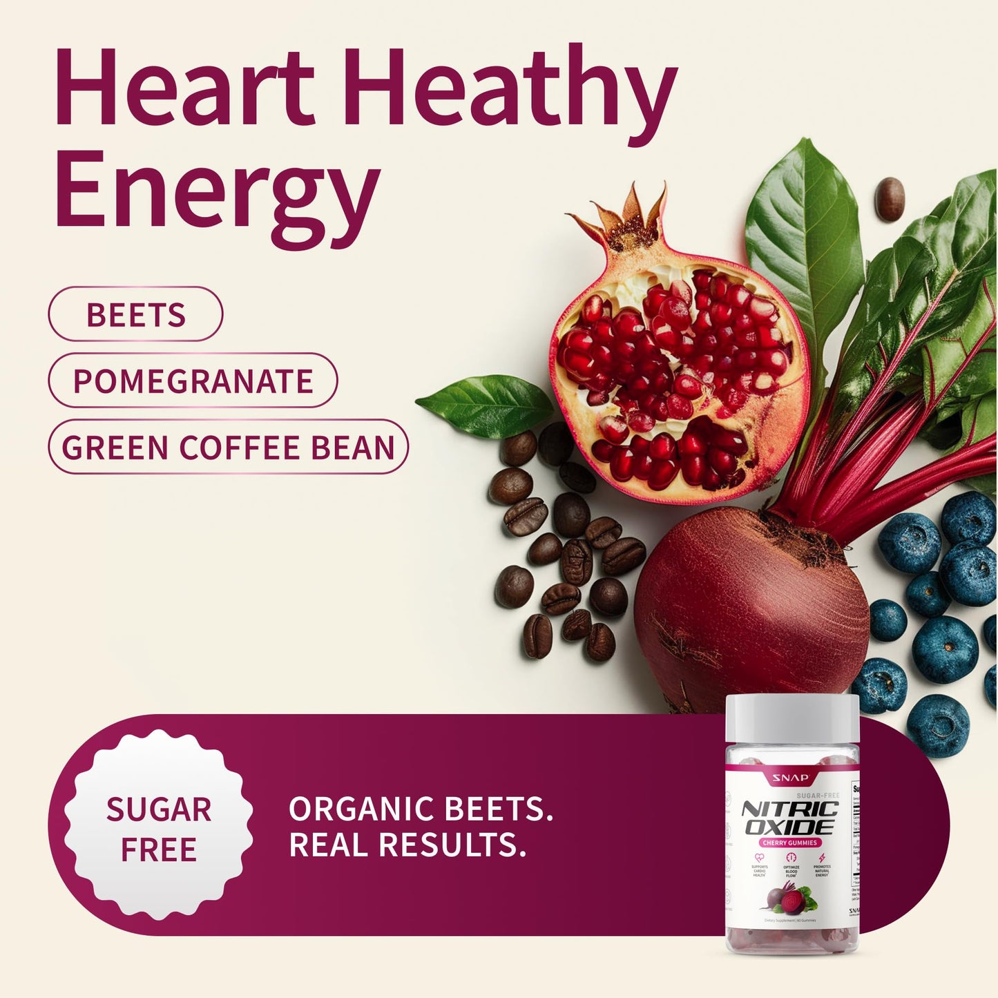 Snap Supplements Nitric Oxide Beet Root Gummies, Cherry, 60 Count (2-Pack) | Sugar Free, For Men & Women, Heart Health & Circulation, Organic Beetroot Extract, Natural Energy, B12, Beets Gummies