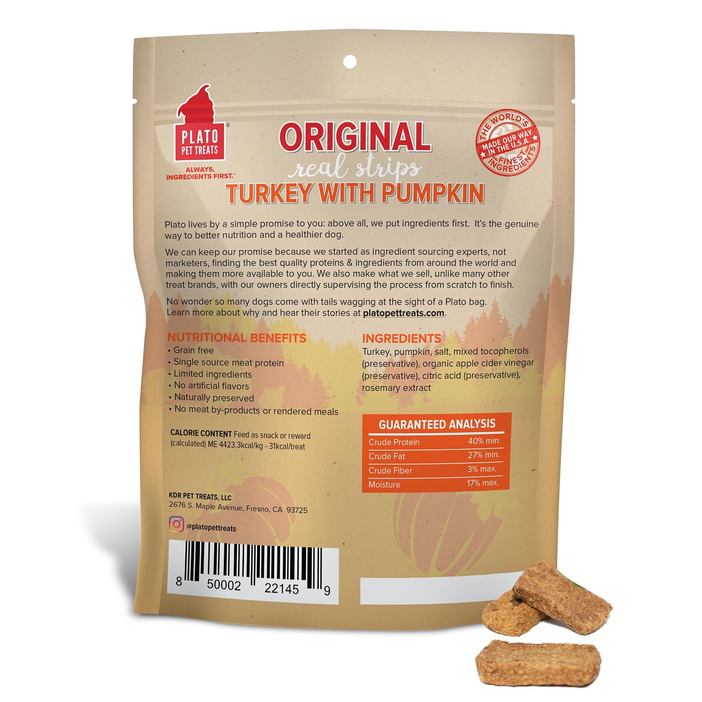 Plato Pet Treats Real Strips - Air-Dried Meat Bars for Dogs - Delicious, Limited Ingredient Dog Treats - Grain Free - Original Real Strips Turkey & Pumpkin 18oz - 2 Pack