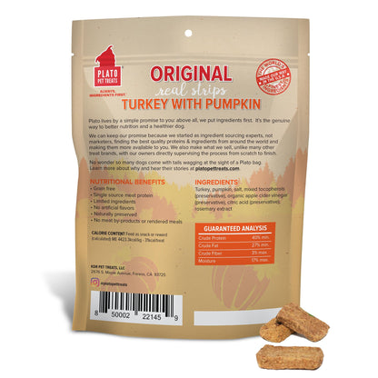 Plato Pet Treats Real Strips - Air-Dried Meat Bars for Dogs - Delicious, Limited Ingredient Dog Treats - Grain Free - Original Real Strips Turkey & Pumpkin 18oz - 2 Pack