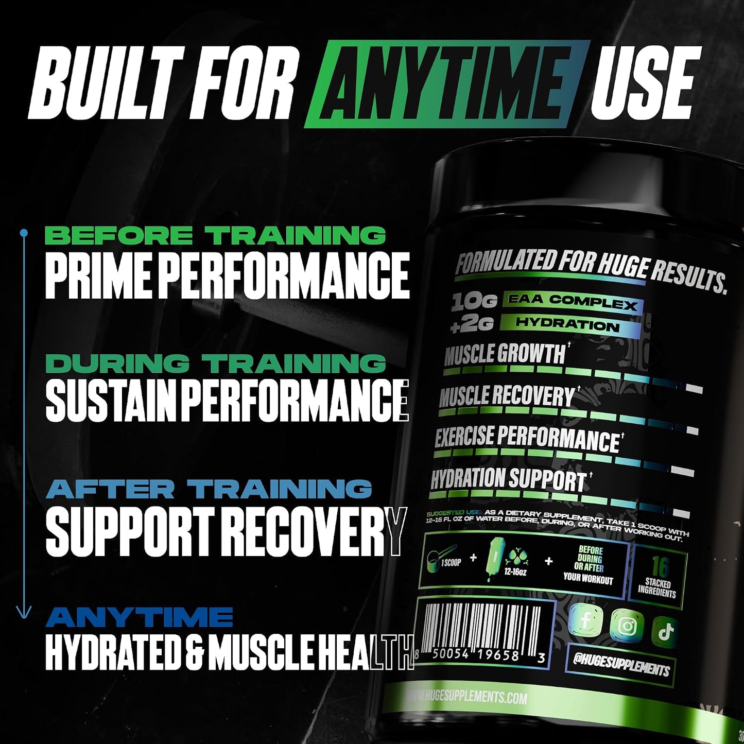 Huge EAA + Hydration, Essential Amino Acids Powder, EAAs & BCAAs, Intra & Post Workout Recovery Powder, Muscle Growth, Recovery & Performance, 10g EAAs & Electrolytes, Kiwi Blueberry, 30 Servings