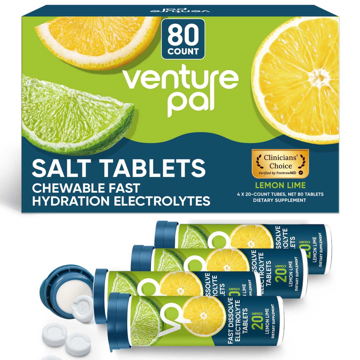 Venture Pal Chewable Electrolyte Tablets, 80 Count, Fast-Dissolve, Variety | Sugar Free Stick Salt Tablets, Gluten Free, Variety Pack for Rapid Hydration, Hiking, Outdoor Running, Keto & Vegan Friendly