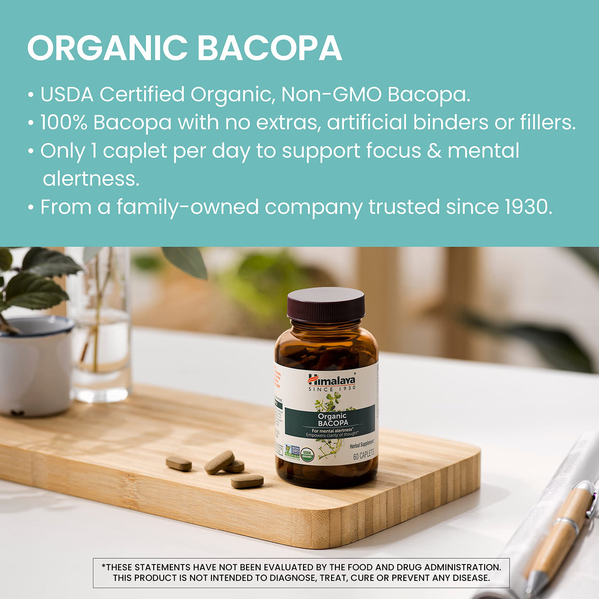 Himalaya USDA Organic Bacopa Monnieri Supplement,750 mg,60 Caplets