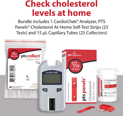 CardioChek Cholesterol Home Test System Bundle, Fast 45-Second Testing | CardioChek At-Home Analyzer, PTS Panels Cholesterol At-Home Self-Test Strips (25 Tests), Capillary Tubes (25 Count)