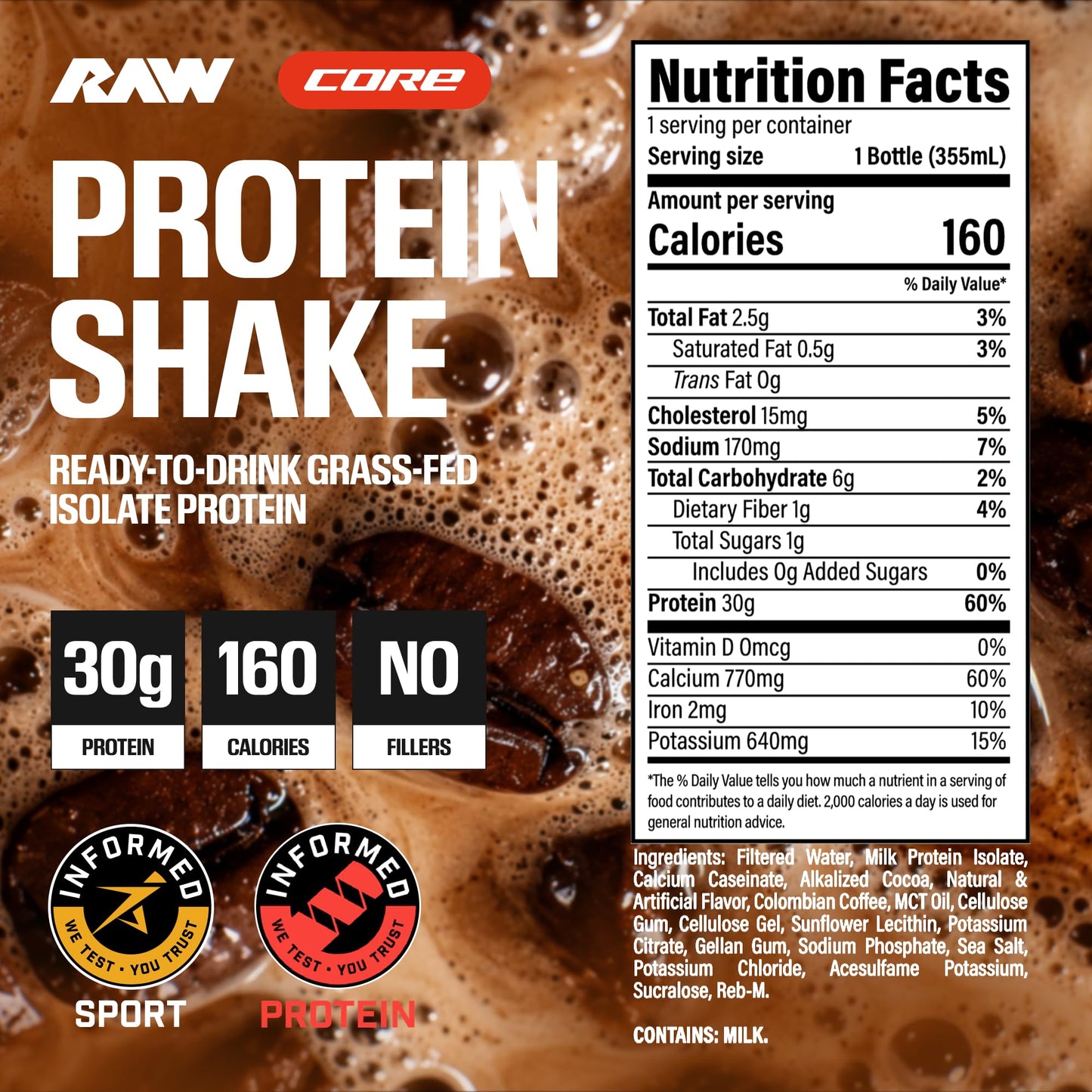 RAW Ready-to-Drink Protein Shake, Strawberry - RTD Protein Drinks with Grass-Fed Whey Protein Isolate for Post-Workout - Zero-Sugar & Gluten-Free Meal Replacement Drink & Breakfast Shake, 12 Fl Oz